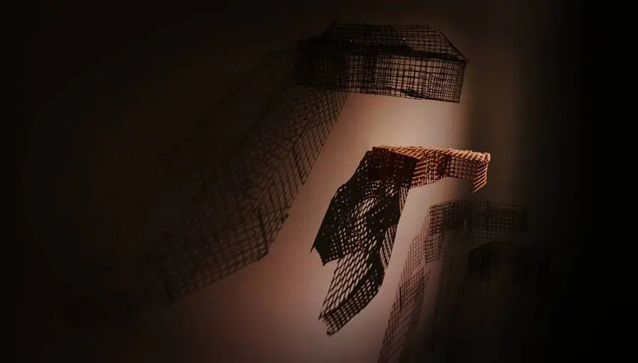 Small wire house on a wall casting a long shadow